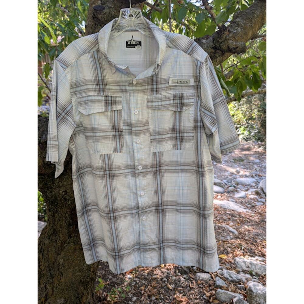 HABIT-mens casual Fishing shirt/ River shirt M-White grey plaid Mesh Lined nylon